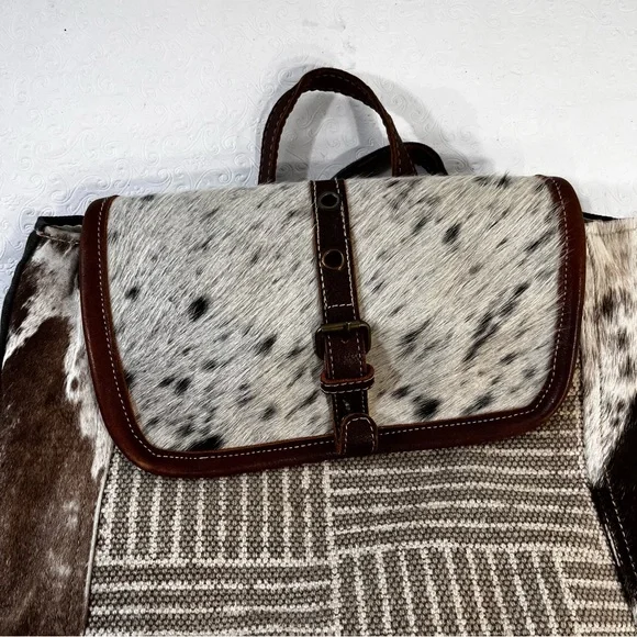 Myra Bag Handmade Crossroads Backpack Upcycled Canvas Cowhide Leather Patchwork - Picture 2 of 16